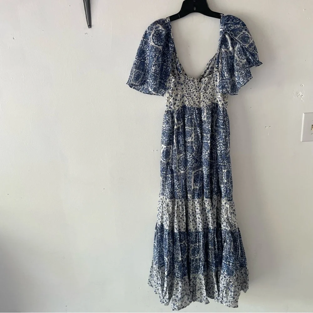 New! Abercrombie & Fitch twist tied blue print tiered maxi dress 37552.